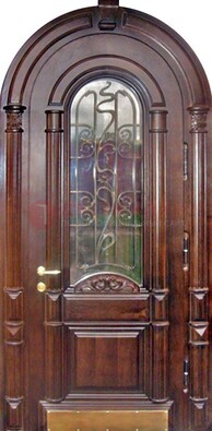 Арочная металлическая дверь массив со стеклом и ковкой ДА-50 в Казани