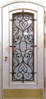Железная дверь Винорит в форме арки со стеклом и ковкой ДА-53 в Казани