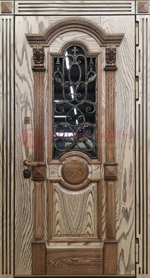 Железная дверь с массивом дуба со стеклом и ковкой ДМД-47 в Казани