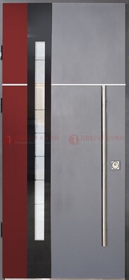 Серая входная дверь с порошковым окрасом и красной вставкой ДП-175 в Казани