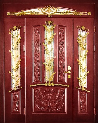Бордовая железная парадная дверь со стеклом и ковкой ДПР-75 в Казани