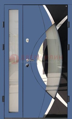 Синяя металлическая дверь со стеклом и узором ДС-13 в Казани
