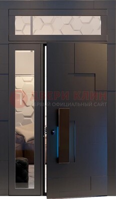 Чёрная двухстворчатая металлическая дверь со стеклом ДС-64 в Казани