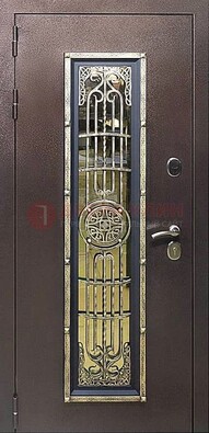 Железная дверь цвета медный антик со стеклом и ковкой ДСК-105 в Казани
