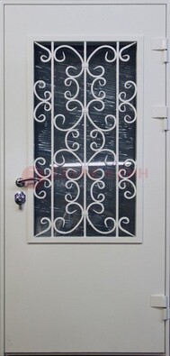 Простая железная дверь со стеклом и ковкой ДСК-11 в Казани