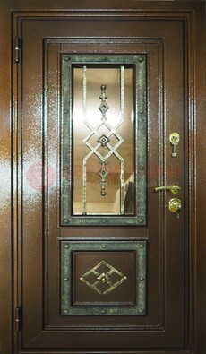 Теплая входная дверь со стеклом и ковкой разноцветной ДСК-13 в Казани