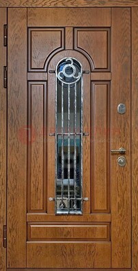 Коричневая стальная дверь со стеклом и ковкой для кирпичного дома ДСК-146 в Кубинке