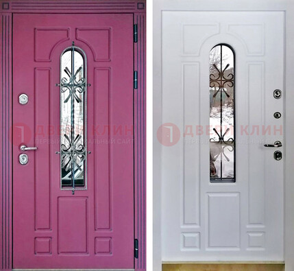 Розовая металлическая дверь со стеклом и ковкой ДСК-151 в Казани