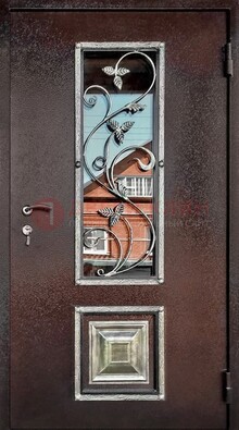 Коричневая стальная дверь порошок со стеклом и ковкой ДСК-163 в Казани