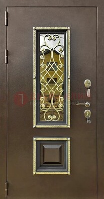 Входная дверь порошок со стеклом и ковкой для коттеджа ДСК-166 в Казани