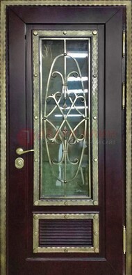 Темная уличная дверь порошок со стеклом и ковкой ДСК-167 в Казани