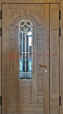 Полуторная стальная дверь стекло с ковкой и узором ДСК-200 в Казани