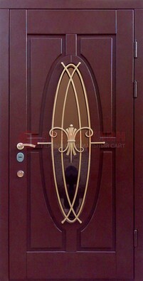 Бордовая стальная дверь Винорит со стеклом и ковкой ДСК-263 в Казани