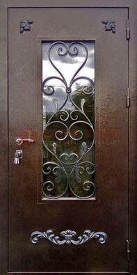 Коричневая железная дверь Порошок со стеклом и ковкой ДСК-283 в Казани
