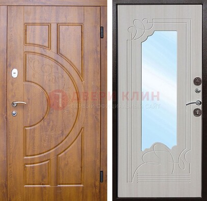 Коричневая металлическая дверь c МДФ с узором и зеркалом ДЗ-105 в Казани