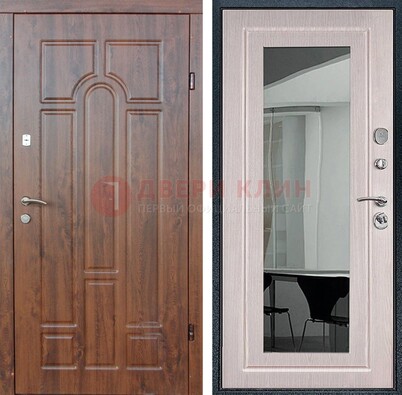 Входная коричневая дверь с МДФ Белый дуб и зеркалом ДЗ-126 в Казани