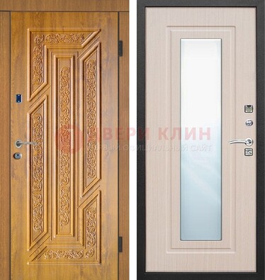 Коричневая железная дверь с зеркалом МДФ Белый дуб ДЗ-128 в Казани