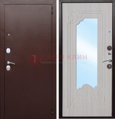 Коричневая металлическая дверь с зеркалом МДФ внутри ДЗ-33 в Казани