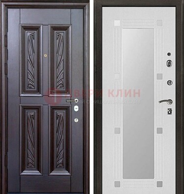 Коричневая стальная дверь с зеркалом МДФ внутри ДЗ-44 в Казани