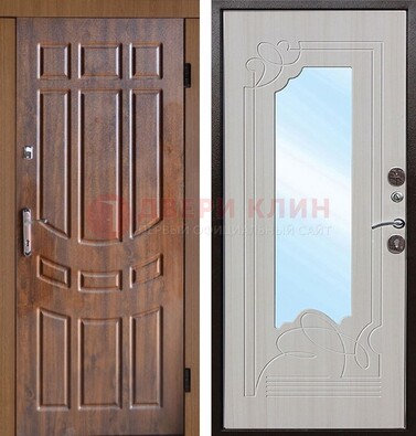 Коричневая уличная дверь c виноритом и терморазрывом МДФ Беленый дуб  с зеркалом ДЗ-97 в Казани