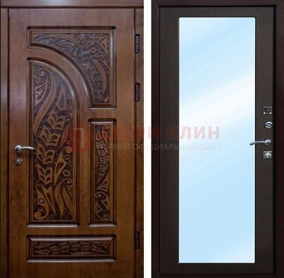 Коричневая входная дверь c узором и виноритом МДФ с зеркалом ДЗ-98 в Казани
