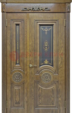 Распашная уличная дверь с массивом дуба и витражом ВЖ-14 в Казани