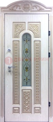 Белая железная дверь с МДФ и витражом ВЖ-26 в Казани